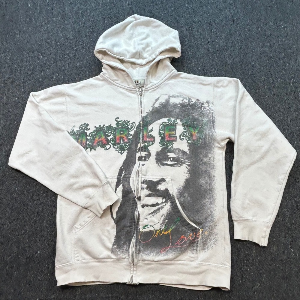 Bob Marley Zip Up Hoodie S Mens White Reggae Graphic Only Love Rasta Print